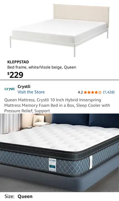 Queen size IKEA bed frame + mattress , View more