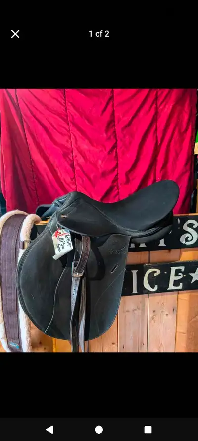 Unused Tekna All Purpose English saddle has black suede material and 17 inch seat. Item is stored in...