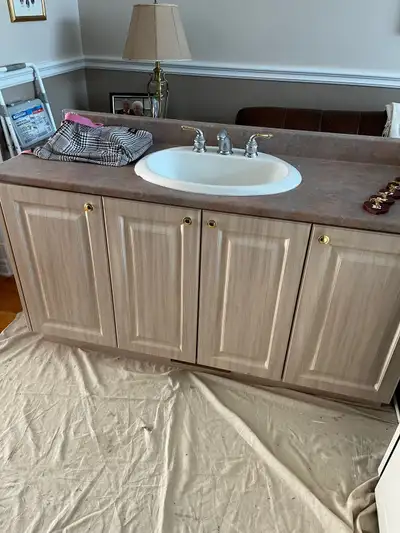 Bathroom vanity 60 inches wide 22 inches deep Does not include sink and faucet. Needs a bottom plank...