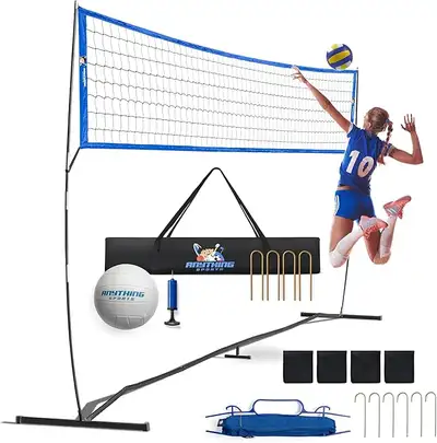 Adjustable volleyball net kits with markers, ball, pump, case Fits all ages—12FT, 20FT, 32FT width,...