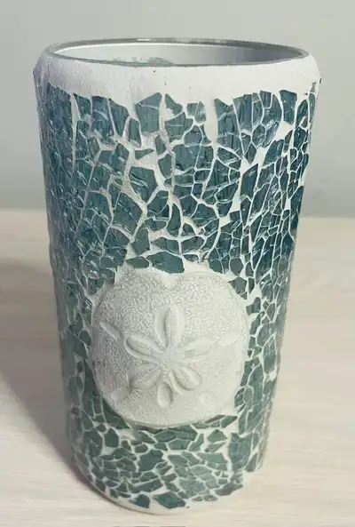 Handcrafted 6" Ocean-Inspired Crackle Glass Pillar Candle, View more