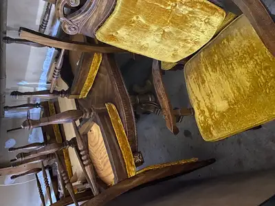 Solid (heavy!) oak kitchen table and 6 ornate chairs., View more