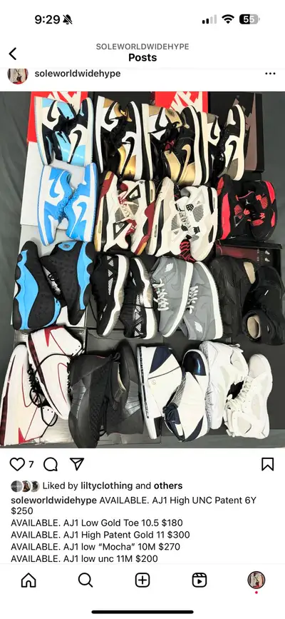 AVAILABLE. AJ1 High UNC Patent 6Y $250 AVAILABLE. AJ1 Low Gold Toe 10.5 $180 SOLD. AJ1 High Patent G...