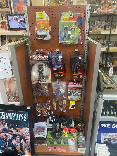 5 foot tall wooden Figure stand/Shelve & hanging clips on whe, View more