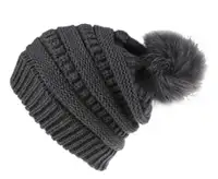 New Grey Beanie Hat with Removable Faux Fur Pompom