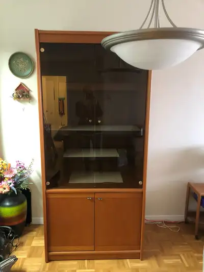 Mid century modern Danish solid teak credenza/hutch for sale Glass shelving and doors Dimensions app...