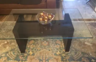 Glass coffee table with solid wood frame, View more