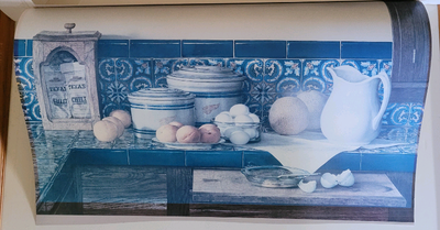 Blue kitchen counter print with pine frame, View more