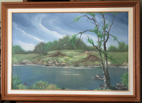 Vintage original oil painting on canvas spring landscape signed