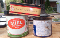 Antique tins. Pure Canadian Honey four star sharps san-o-varsol