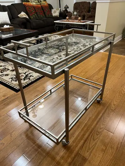 Modern Glass & Metal Bar Cart / Serving Cart on Wheels, View more