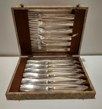 James Ryals silverplated cutlery set 6 each of dessert-sized forks and knives Minimal damage to stor...