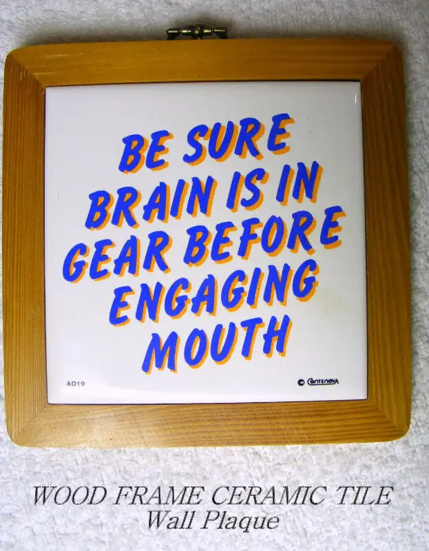 Ceramic Wall/Desk Plaque, wood frame: gear in brain…before mouth in Home Décor & Accents in City of Toronto - Image 2