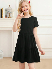 Kilottor Tween Girl Solid Ruffle Hem Dress, Black, 10Y