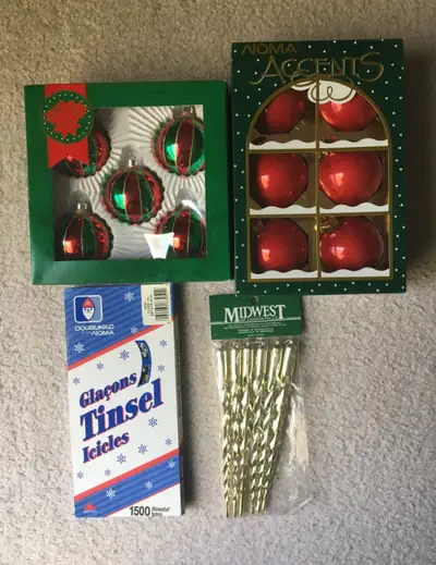 Christmas Ornaments - 12 Christmas Balls; 6 Icicles; Tinsel, View more