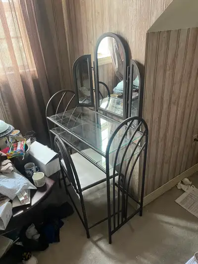 Mirrored desk w/chair. Perfect for doing make up. Glass surface, View more