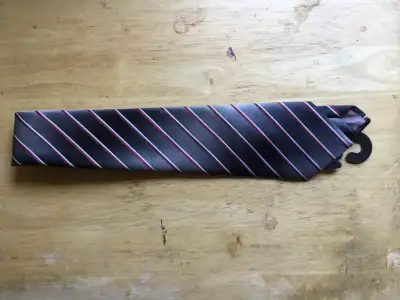 grey necktie with red and white stripes , View more