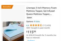 Queen size foam mattress topper 3” thick $80