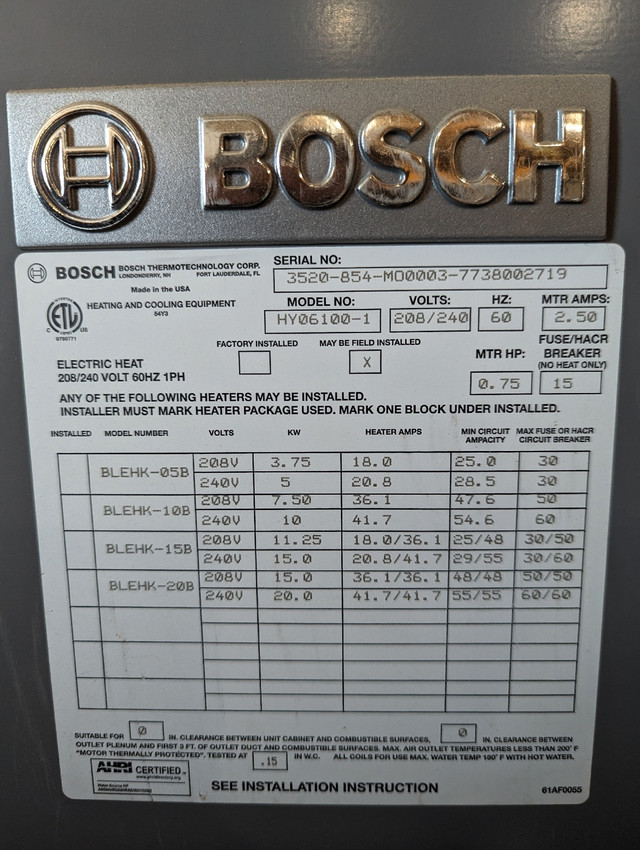 Bosch Hydronic Air Handler in Heating, Cooling & Air in Peterborough - Image 3