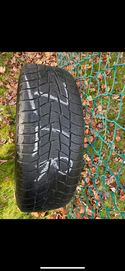 225/60R18 moto master winter edge. Should have atleast this winter out of the tires. Rims could use...