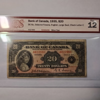 1935 Canada $20 Banknote. Large Seal. English. Certified.