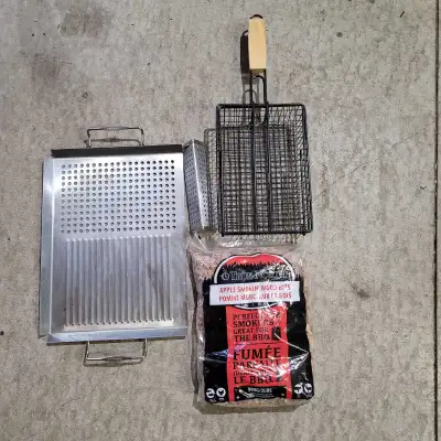 Grill Tray, Basket,smoker and wood chips. Most items never used