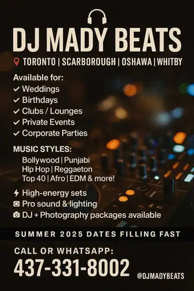 Looking for a professional DJ in the Durham Region? I'm DJ Mady Beats, and I bring high-energy sets...