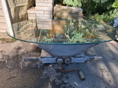 Grape press/table glass top is 48"x 28" Unique and comes with all the accessories shown. Asking $110...