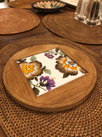 MCM Wood & Tile Trivet With Orange & Purple Floral Motif