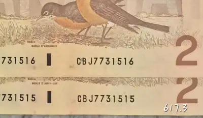 Lot de deux billets de 2 dollars 1986 A-Unc consecutives, View more