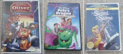 Three Disney movies are available on DVD. 1) Oliver And Company 2) Pete's Dragon 3) The Sword In The...