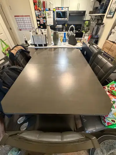60”-80”x42” grey table and six chairs, View more
