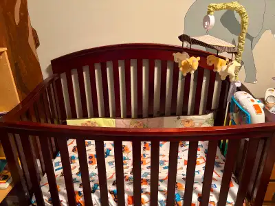 Crib, mattress, and bedding, View more