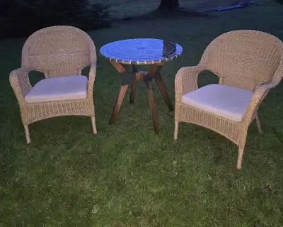 Two Resin Wicker Chairs with Cushions, View more