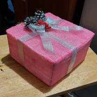 Pink & Silver Lighted Christmas Gift Box With Pine Cones & Berry