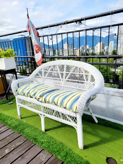 Vintage White Rattan Loveseat with Brand New Seat Cushions, View more