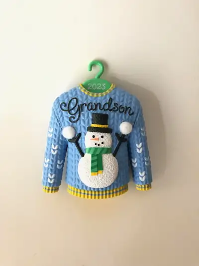 Grandson Christmas Ornament Hallmark Blue Ugly Sweater Snowman, View more
