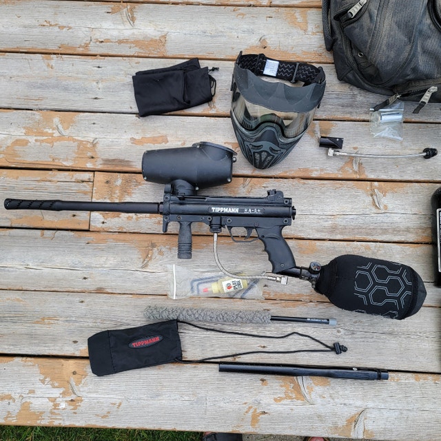 Tippmann A5 paintball marker set. Mask, barrel, tank, camo set