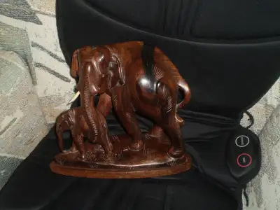 Wooden elephant with baby  - hand carved on stand, View more