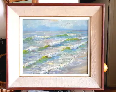 VINTAGE HAND PAINTED OIL PAINTING SEA LANDSCAPE SOLID WOOD FRAME, View more