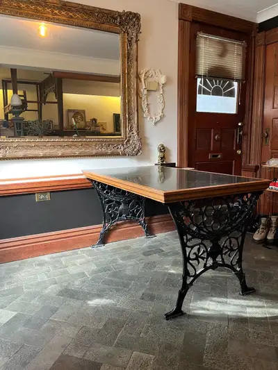 Marble and Cast Iron table with oak trim. Antique., View more