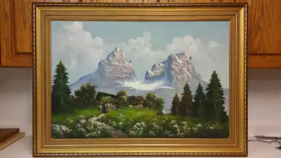 Antique Austrian Alpine landscape oil painting., View more