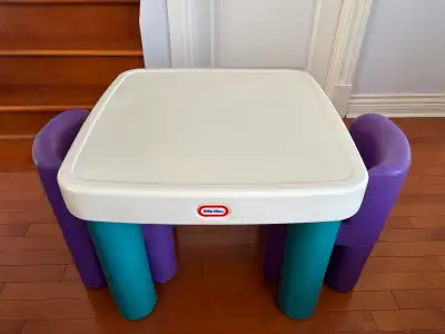 Small plastic table with two chairs for small children in good condition. Drawers for crayons or oth...