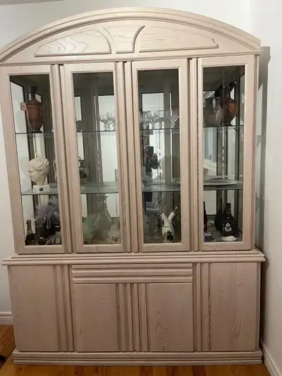 White-washed China Cabinet for sale. Glass shelves, inter.light., View more