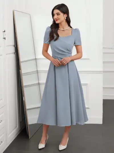 Mulvari Elegant Women Solid Color Bubble Sleeve Pleated Dresses With Sweetheart Neckline For Summer...