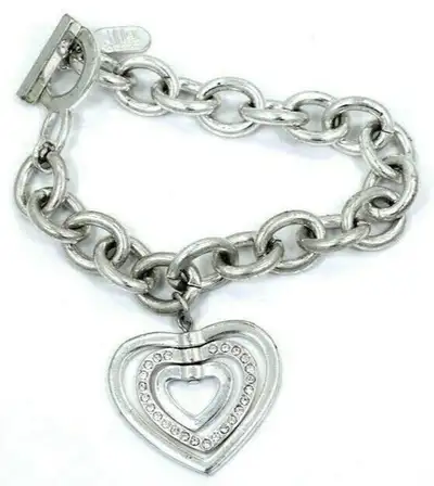 JLO JENNIFER LOPEZ Rhinestone HEART Charm Tag Silver Plate, View more