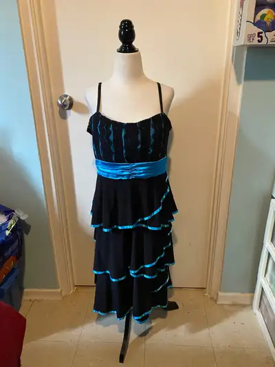 DEB BLUE/BLACK LACE FRILLED PROM/SPECIAL OCCASION DRESS, View more