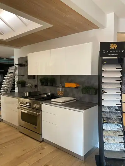 Kitchen cabinets used in a showroom for demonstration In glossy, View more