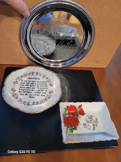 3 gifts for Mom: 1) Silver chrome tray with a lovely embossed trim around the perimeter, the words “...