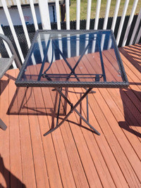Glass Top Patio Table and Two Teak Chairs
